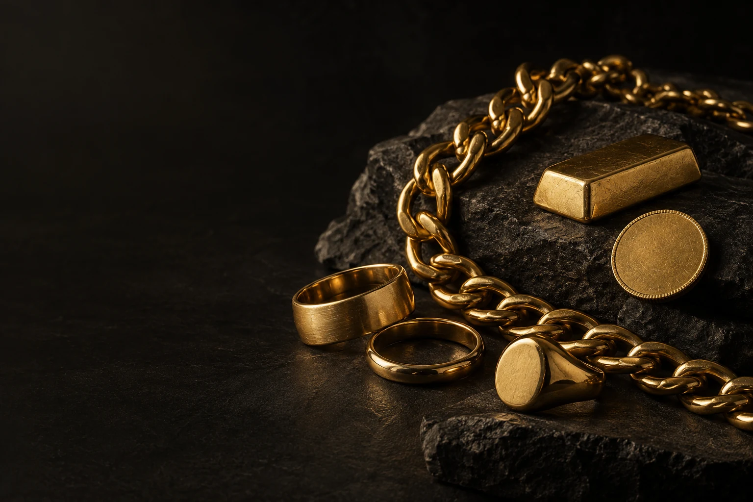 Anillos, cadena, moneda y lingote de oro sobre piedra oscura